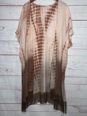 Kyemi Pink & Brown Tie Dye Fringe Trimmed Kimono
